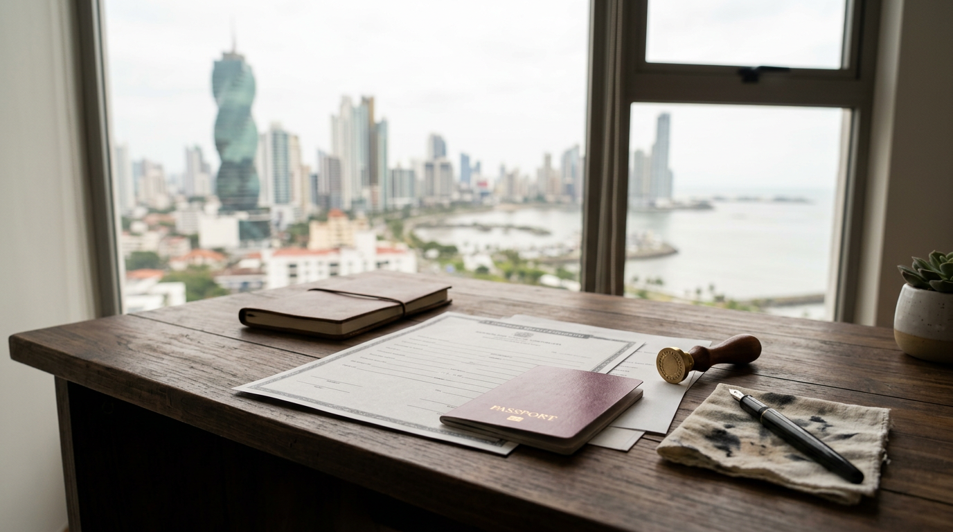 Escritorio con documentos, pasaporte y sello, con el skyline de Ciudad de Panamá al fondo